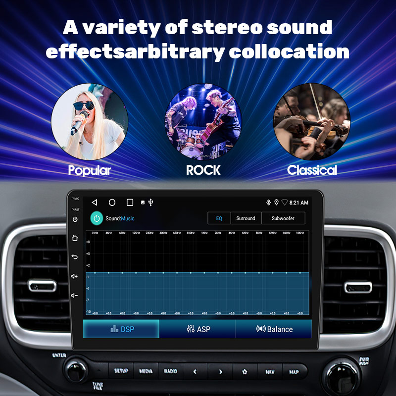 The car stereo's sound quality is enhanced by processing the audio signals from the car's audio system with DSP.